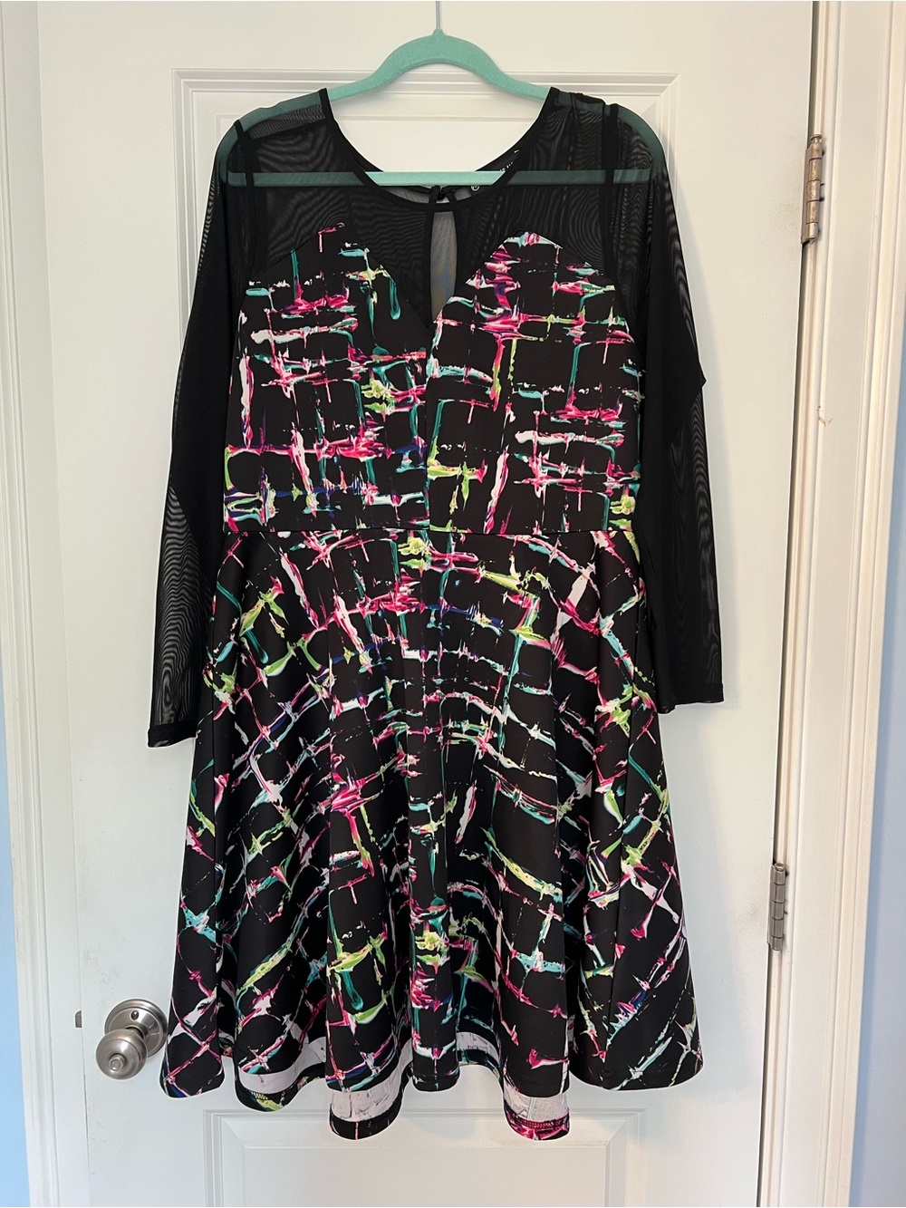 Fashion to Figure Black Mesh Sleeve Fit-and-Flare Dress neon glow party 80s vibe